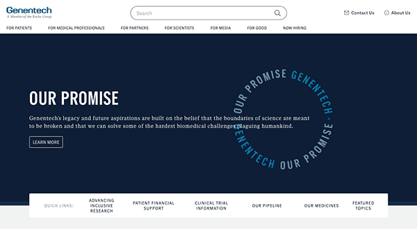 Website homepage of genentech featuring a navigation menu, search bar, and a headline "our promise" with text about their commitment to advancing science.