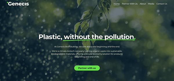 Website homepage of genesis biotech, featuring a nature backdrop with rain, includes a message about providing sustainable biodegradable materials with a "partner with us" button.