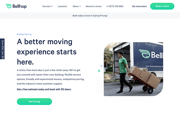 A man in a green shirt pushes a hand truck with boxes beside a Bellhop moving truck. The webpage promotes a moving service with pricing options and a stress-free experience.