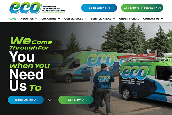 Eco service vehicles and technicians are pictured. The green and white text reads: "We come through for you when you need us to", followed by options to book online or call for service.