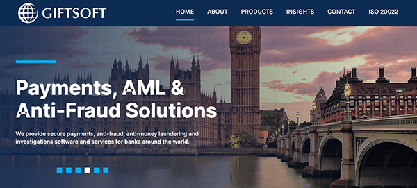 Website banner for giftsoft depicting london's parliament and big ben at sunset, with text about their payment, aml, and anti-fraud solutions.