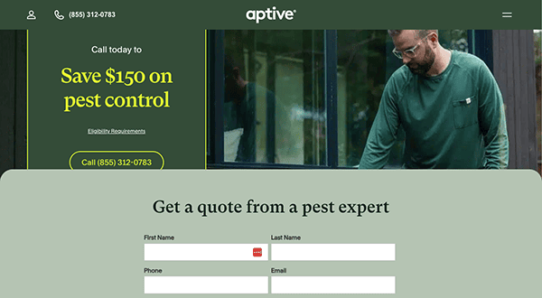 Aptive pest control website offering a $150 discount on pest control services. Includes a form to get a quote from a pest expert with fields for first name, last name, phone, and email.