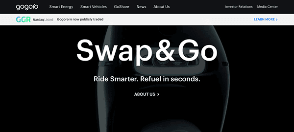 Website homepage for gogoro featuring the "swap & go" campaign, with a close-up of an electric scooter's battery, text overlay, and navigation menu.