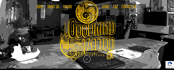 Monochrome image of a tattoo parlor's interior featuring a banner with "goodkind tattoo chicago co." logo across the center.