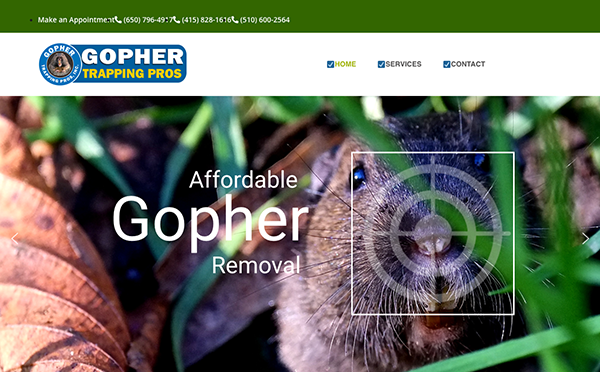 Website home page for "Gopher Trapping Pros" featuring an image of a gopher with text "Affordable Gopher Removal" overlaid on the image. The navigation includes "Home," "Services," and "Contact.