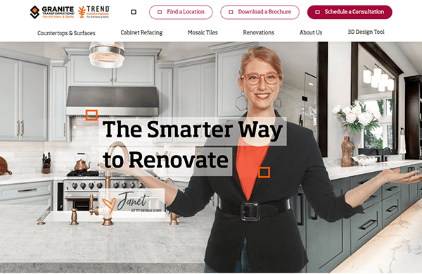 A woman standing in a modern kitchen with white marble countertops and gray cabinets. Text on the image reads "The Smarter Way to Renovate." The background displays renovation options and services.