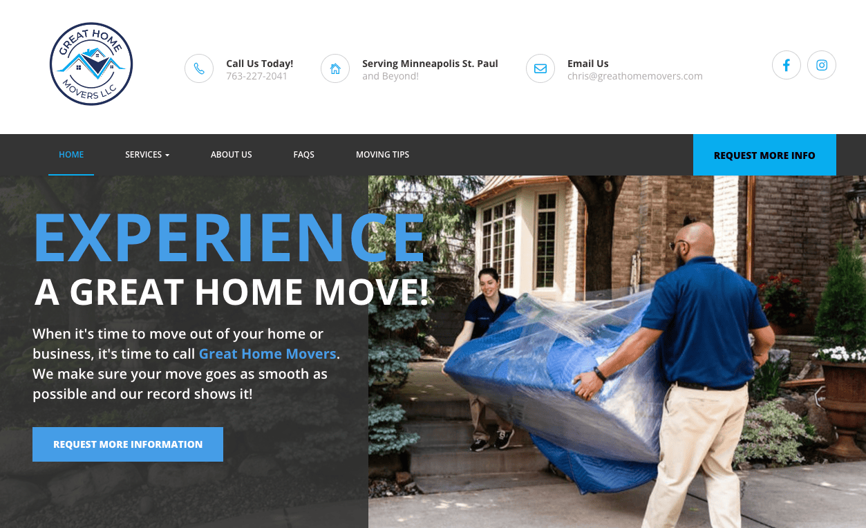 Website homepage of Great Home Movers, LLC featuring company information and services. Text reads, "EXPERIENCE A GREAT HOME MOVE!" with an image of two movers carrying wrapped furniture.