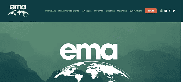 Website homepage for the environmental media association (ema) featuring a logo with the globe and muted green color tones.
