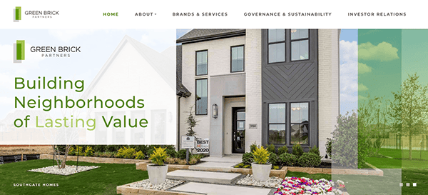 A modern home with landscaped front yard is displayed on the homepage of Green Brick Partners’ website, featuring their slogan: "Building Neighborhoods of Lasting Value.