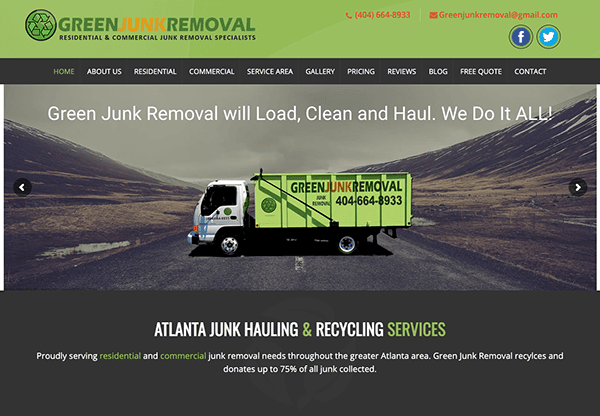 Green Junk Removal truck on a road with mountains in the background, promoting residential and commercial junk removal services in the Greater Atlanta area. Contact details are visible at the top.