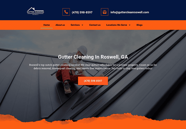 Screenshot of a gutter cleaning service website with the main header "Gutter Cleaning In Roswell, GA". It includes contact details, navigation menu, and central image of a worker on a roof.
