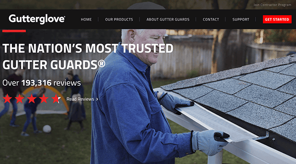 A man installs a gutter guard on a residential roof. The text highlights Gutterglove as the nation's most trusted gutter guard brand with over 193,316 reviews and a five-star rating.