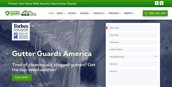 Gutter Guards America website homepage featuring a form for customer contact details, a Forbes Advisor Best of 2023 badge, and a call-to-action to get a solution for clogged gutters.