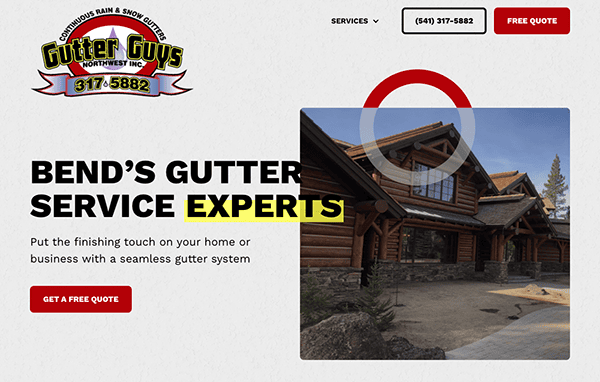 Website landing page for Gutter Guys Northwest Inc., featuring a photo of a wooden house and offering gutter installation services with a free quote option. Contact number and service options are displayed.