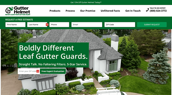 Screenshot of the Gutter Helmet website showing their gutter guard services. The banner promotes "Boldly Different Leaf Gutter Guards" emphasizing durability and 5-star service with options to request a free estimate.