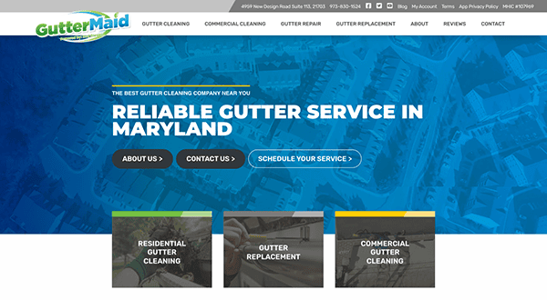 Screenshot of the GutterMaid website offering gutter services in Maryland. Menu includes About Us, Contact Us, and Service Scheduling. Featured services are residential cleaning, replacement, and commercial cleaning.