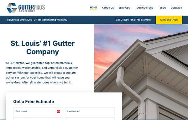 Screenshot of GutterPros website showing their services, contact information, and a form for a free estimate. The site highlights their experience since 2002 and a 2-year workmanship warranty.