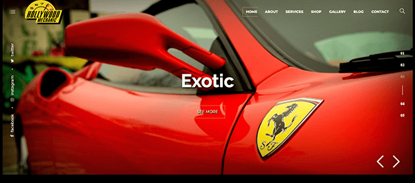 Close-up view of a red sports car's side mirror and emblem featured on a website homepage with the word "Exotic" displayed in the center.