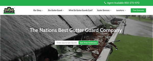 Homepage of a gutter guard company featuring a close-up of a gutter with leaves and debris, a green header with contact information, and a call-to-action button for a free estimate.