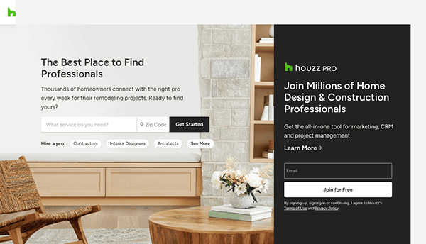 A website offers a service to find professionals for home projects and a platform for marketing and CRM. A search bar and a join button are visible, with a cozy living room and houseplant in the background.