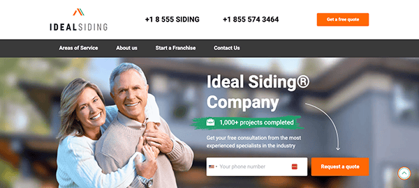 Screenshot of the Ideal Siding website homepage featuring a smiling older couple, company contact information, project completion statistics, and a call-to-action for obtaining a quote.
