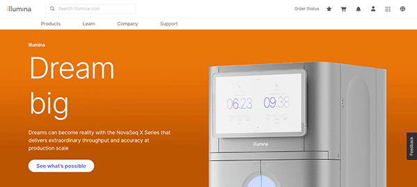 Website banner for illumina featuring the slogan "dream big" with an image of the novaseq x series sequencing system displaying time on its screen.