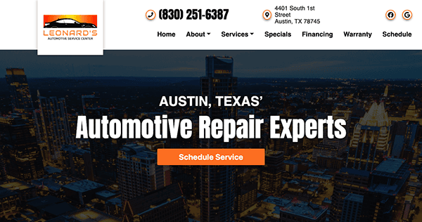 Screenshot of a website header for Leonard's Automotive Service Center with a city skyline backdrop, providing contact details, services, special offers, and a "Schedule Service" button.