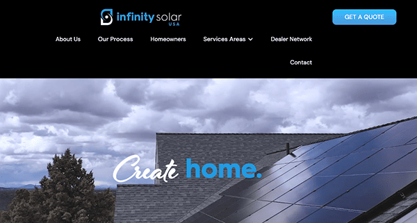 A website header for Infinity Solar USA features solar panels installed on a roof with the message "Create home." The navigation menu includes options like About Us, Services Areas, and Contact.