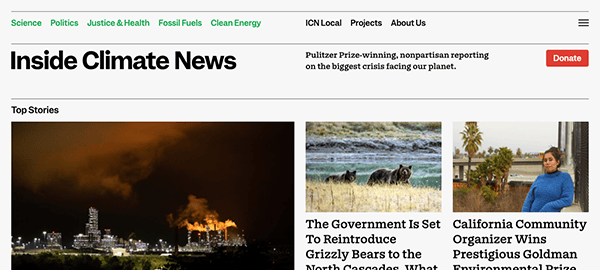 Website header of "inside climate news" featuring top stories with images of industrial smoke, grizzly bears, and a woman in a knitted sweater.