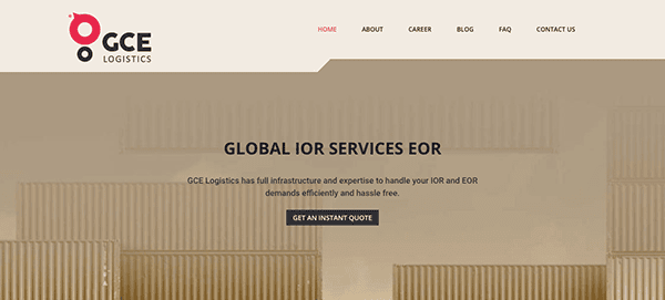 Screenshot of GCE Logistics website homepage featuring a banner for Global IOR Services and navigation tabs like Home, About, Career, Blog, FAQ, and Contact Us.