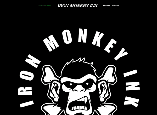 Logo of "iron monkey ink" featuring a stylized black and white graphic of an angry monkey's face with large text above.