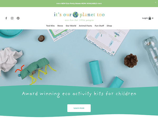 Website homepage for children's eco activity kits featuring a clean, playful layout with text, images of crafts and natural items, and navigation menu.