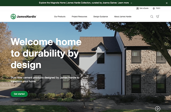 A house exterior with a mix of light-colored siding and stone. The text reads, "Welcome home to durability by design." Includes a green "Get started" button. The logo and menu are at the top.