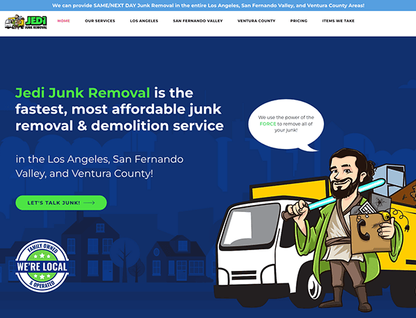 A screenshot of the Jedi Junk Removal website. It advertises fast and affordable junk removal and demolition services in Los Angeles, San Fernando Valley, and Ventura County. Features a cartoon character.