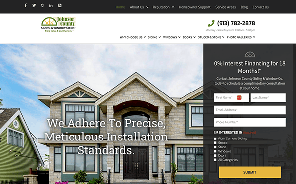 Homepage of Johnson County Siding & Window Co., featuring a large house, contact form for 0% interest financing for 18 months, phone number, and business hours.