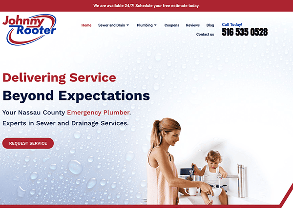 Screenshot of the Johnny Rooter website, depicting a woman helping a child wash hands. The slogan "Delivering Service Beyond Expectations" is highlighted. Contact number and request service button are shown.