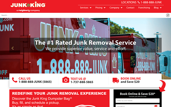 Website homepage for Junk King, a junk removal service, featuring company branding, contact information, and options to book online, call, or text for inquiries and services.