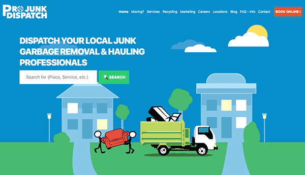 Website homepage for Pro Junk Dispatch featuring an illustration of a moving truck with household items and movers. The site offers services in junk removal and hauling. A search bar and booking button are visible.