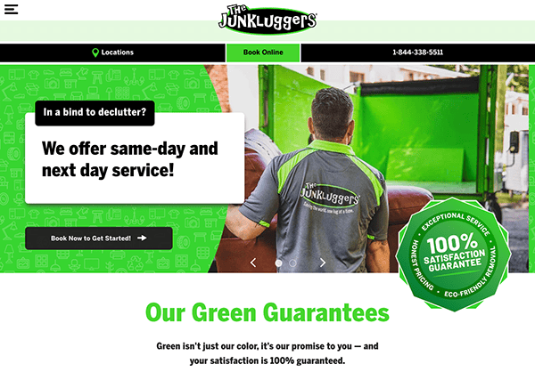 A Junkluggers employee stands next to a green truck. The webpage advertises same-day and next-day service with a 100% satisfaction guarantee and highlights the company's eco-friendly approach.