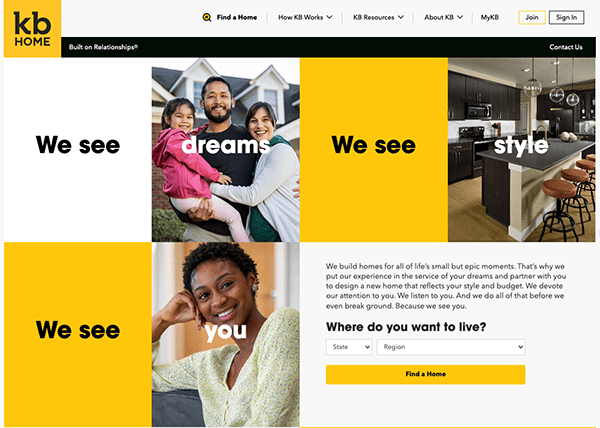 Screenshot of the KB Home website, displaying "We see dreams," "We see style," and "We see you" alongside images of families and homes. The website promotes home building services and has navigation options.