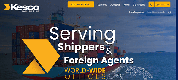 Website header for Kesco Logistics featuring a large cargo ship at sea with text "Serving Shippers & Foreign Agents" and a company contact number.