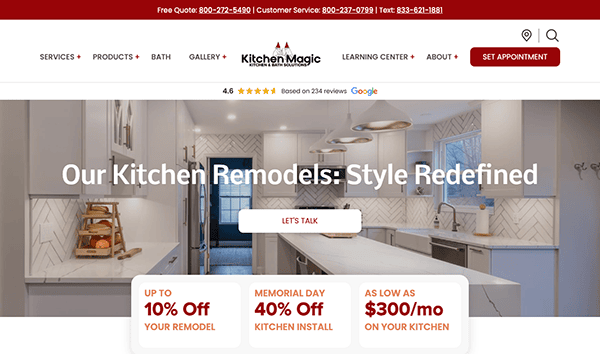 A kitchen remodeling website featuring a modern kitchen with white cabinets. Offers include up to 10% off remodeling, Memorial Day 40% off kitchen install, and financing options starting at $300/month.