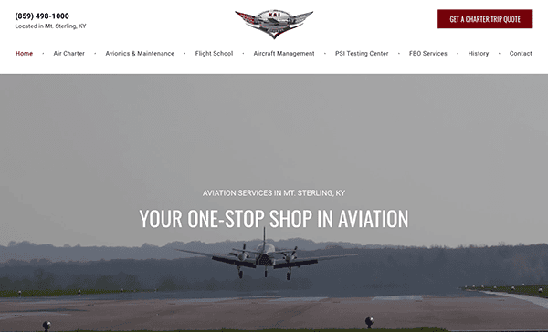 A small aircraft landing on a runway with the text "your one-stop shop in aviation" displayed over the image, part of an aviation services website.