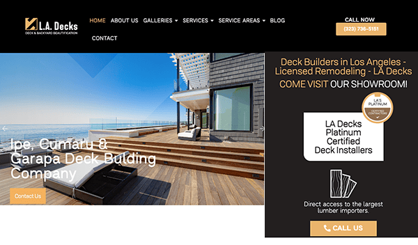 A modern home's spacious outdoor deck overlooking the ocean with text highlighting LA Decks company information including services, showroom invitation, and contact details.