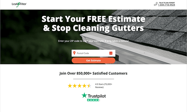 Advertisement for LeafFilter gutter protection, offering a free estimate. The form asks for a postal code. There are customer reviews and Trustpilot rating visible at the bottom. Contact number at the top right.