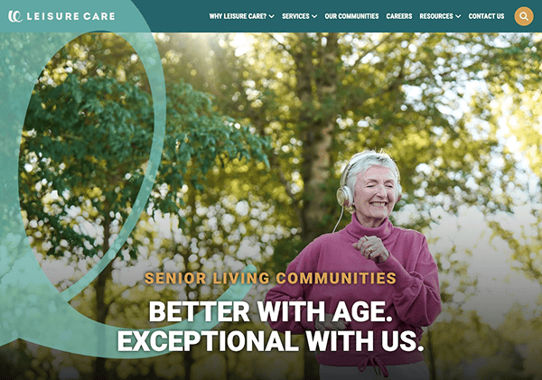 An elderly woman smiling and wearing headphones is standing outdoors. Text overlay reads, “Senior Living Communities. Better with age. Exceptional with us.” The setting is lush and green.