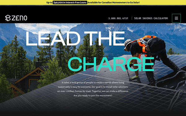 Zeno website promoting solar energy, featuring two workers installing solar panels on a rooftop with a mountain backdrop. Caption reads "LEAD THE CHARGE" and a message about sustainable energy solutions.
