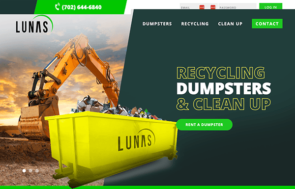A website screenshot featuring an excavator, a dumpster filled with waste, and text promoting Luna's recycling, dumpsters, and cleanup services, with a contact number and button to rent a dumpster.