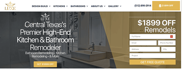 Screenshot of a Luxe Kitchen & Bath website displaying an offer for $1899 off remodels, a form for getting a quote, and a banner describing the business as Central Texas' premier high-end remodeler.