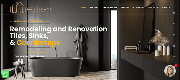 Modern bathroom showroom with dark color scheme, featuring a freestanding bathtub, vanity with two sinks, and large mirrors. Text promotes remodeling and renovation services.
